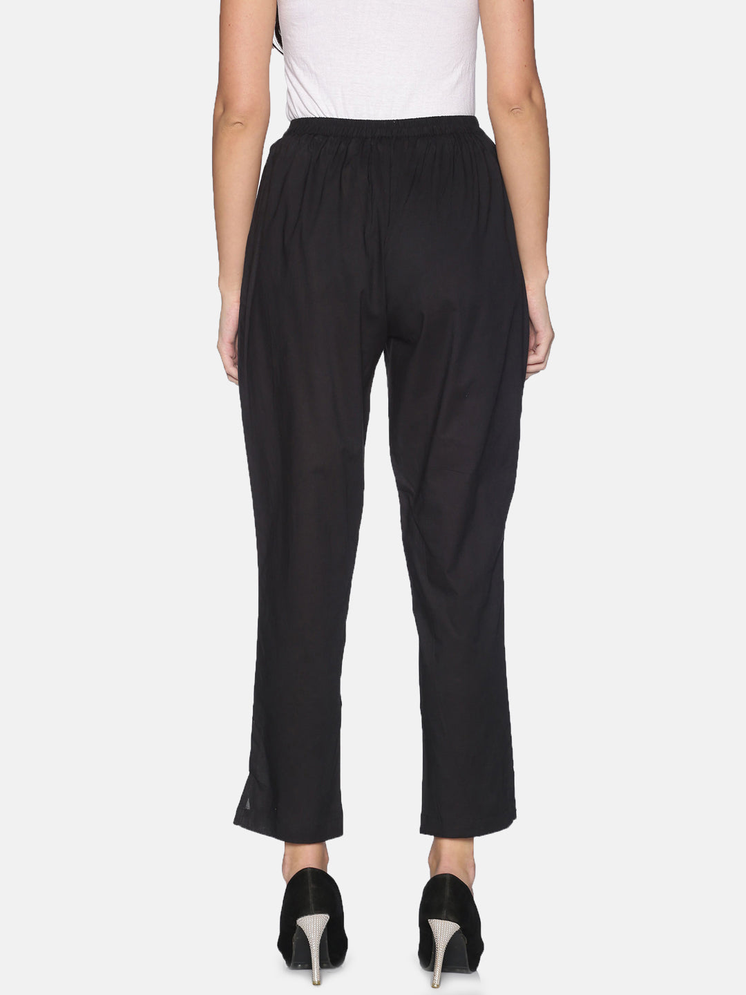 Black Cotton Relaxed Fit Trouser With Side Slit On Hem