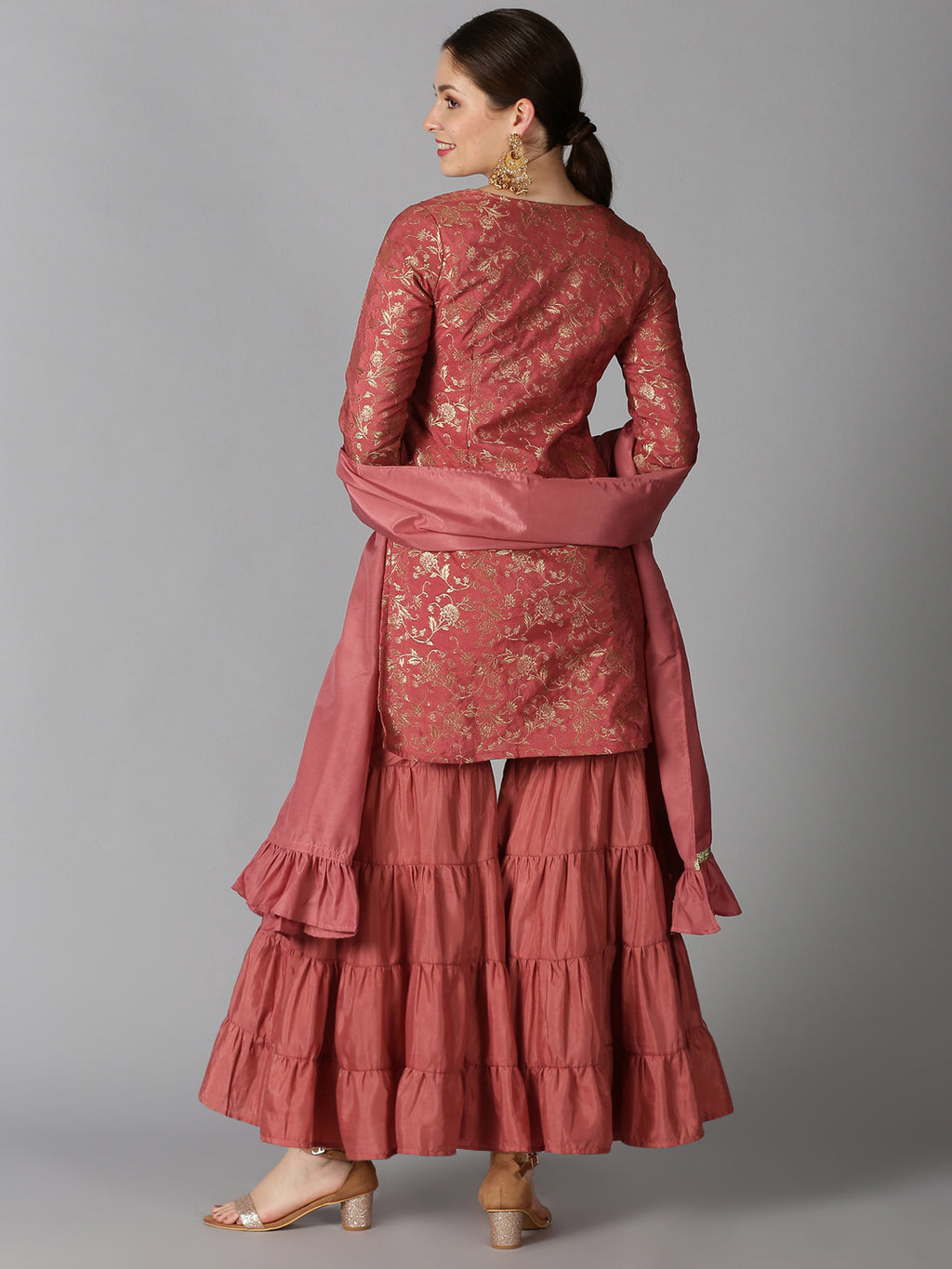 Coral Banarasi Jacquard Kurta with Sharara & Dupatta