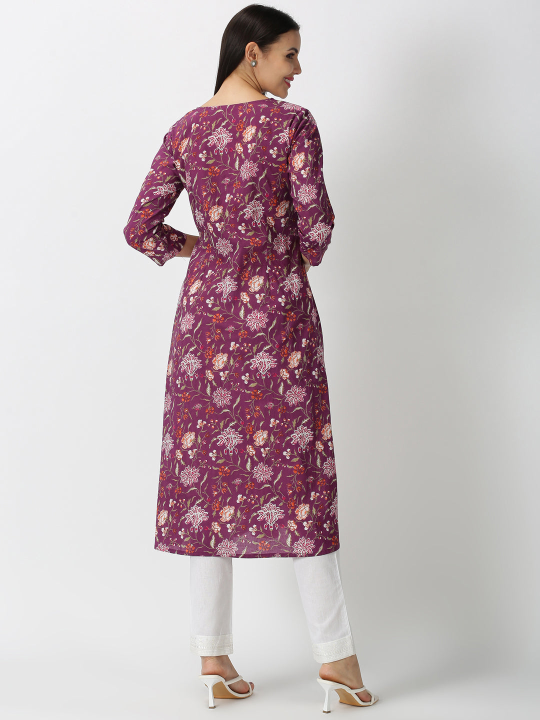 Wine Floral Printed A-line Kurta with Lucknowi Chikankari Embroidered Neck