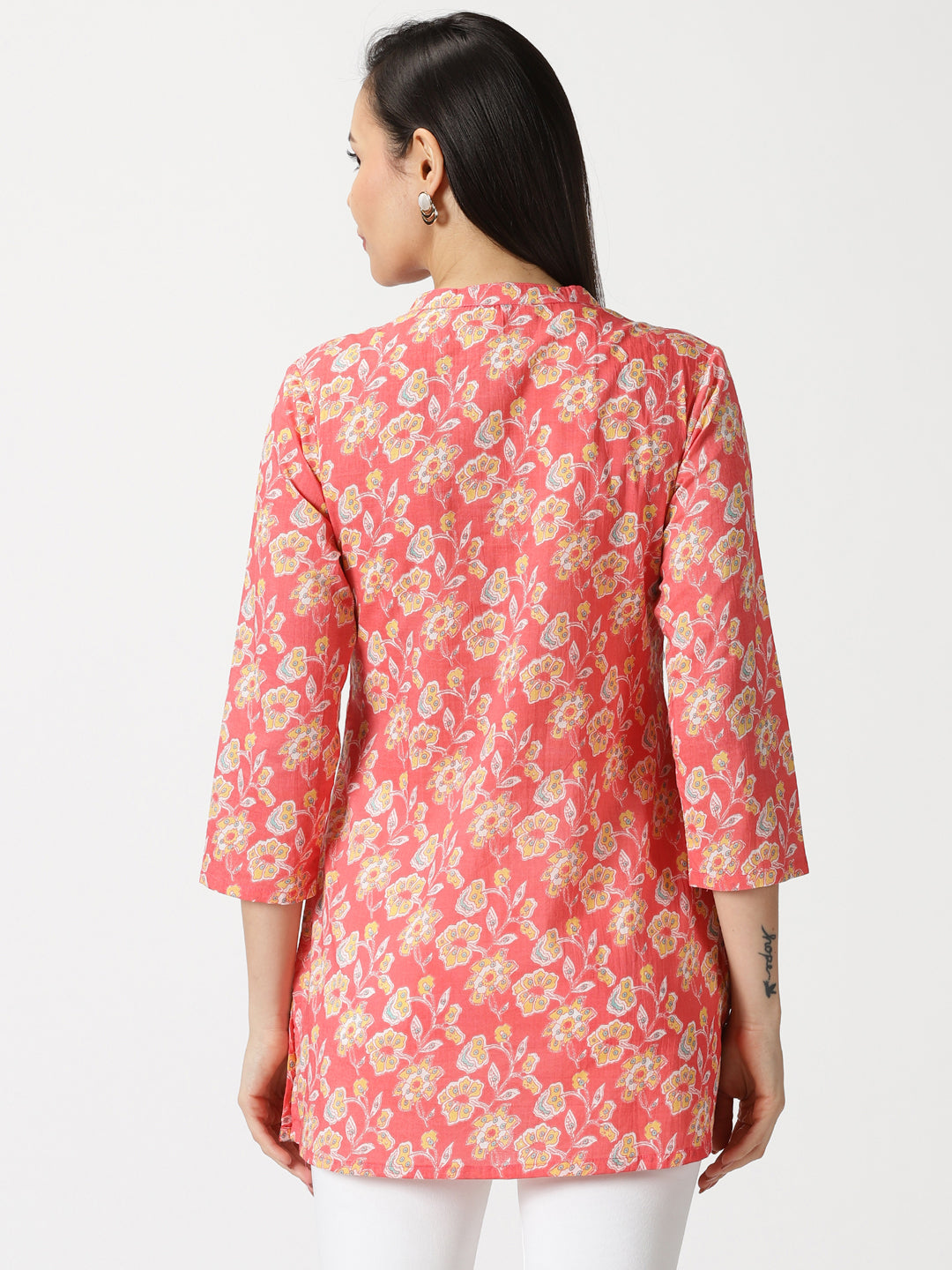 Coral Floral Print Tunic with Lucknowi Chikankari Embroidery