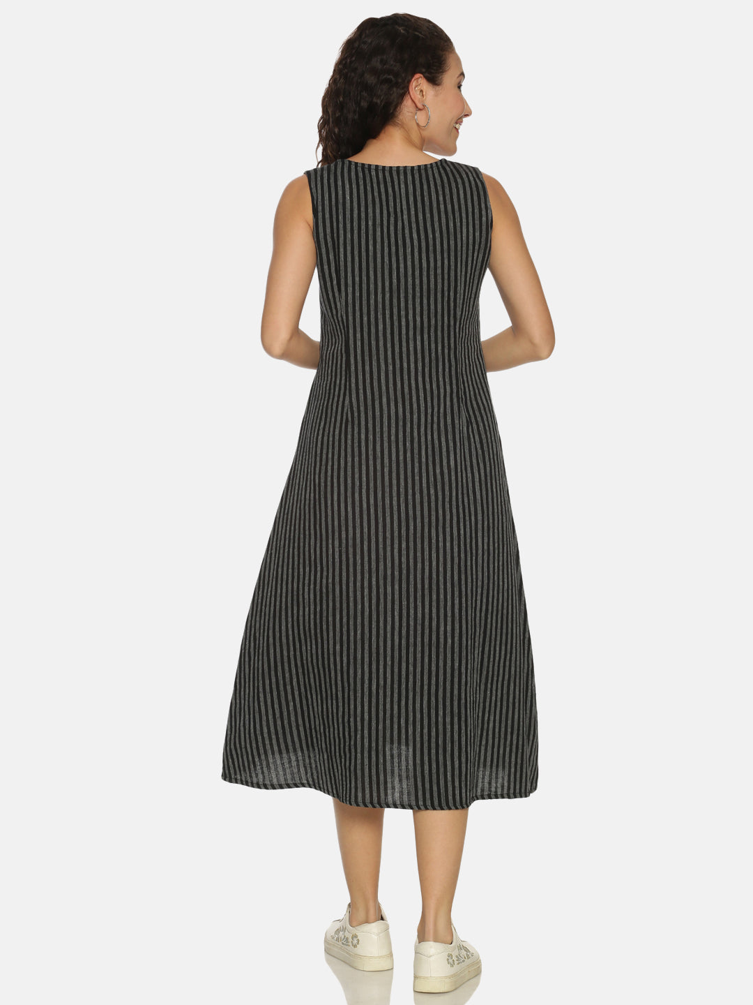 Black Striped Cotton A-line Dress