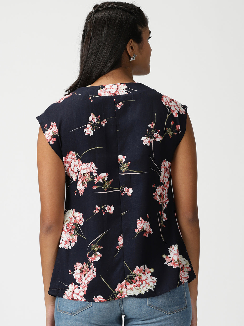 Navy Blue Floral Printed V Neck Drop Shoulder Top