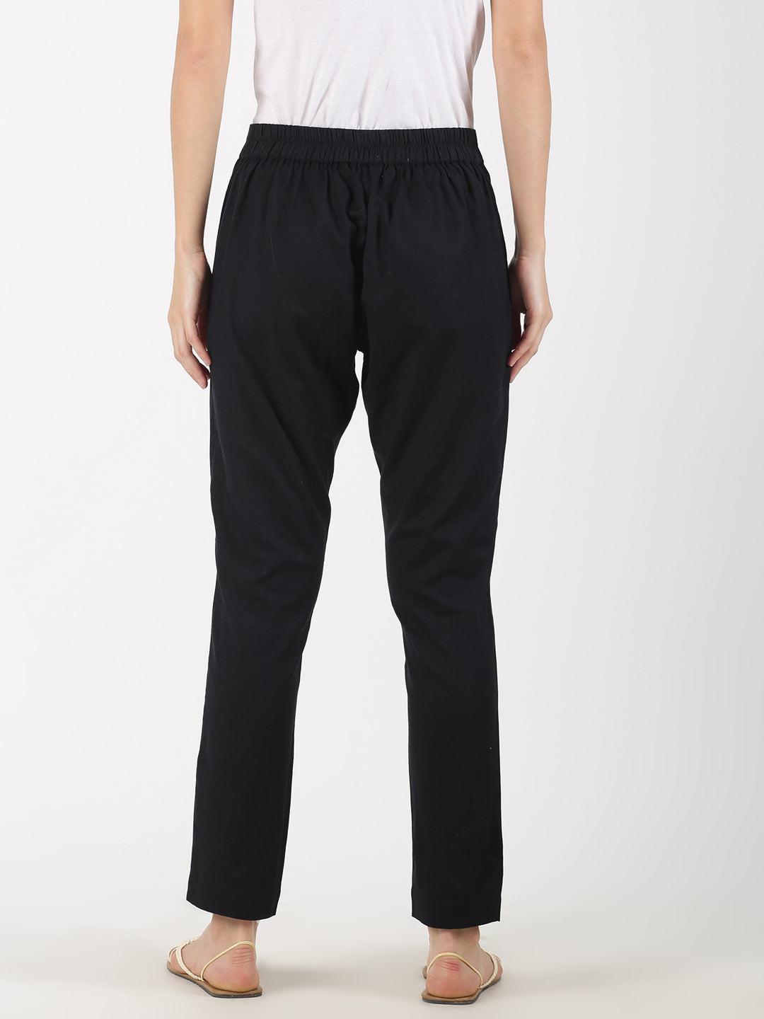 Black Cotton Flax Straight Pant with Side Pocket