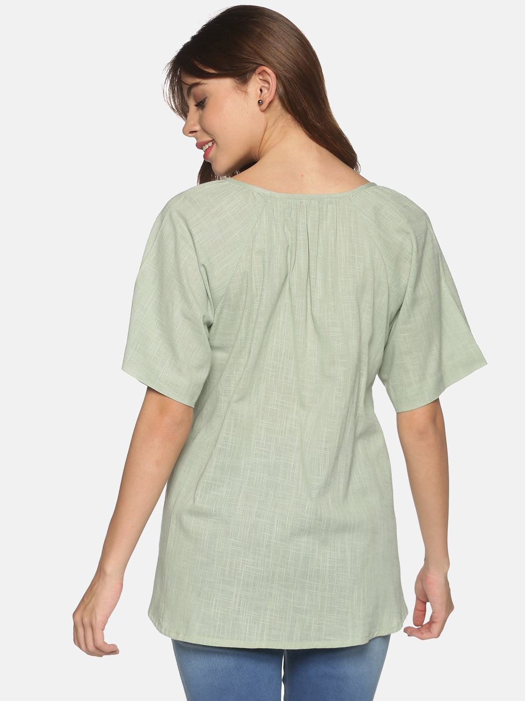 Light Green Bohemian Cotton Slub Raglan Sleeves Top