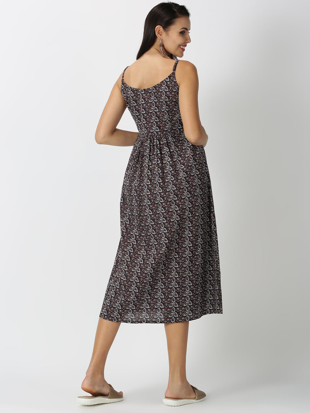 Black Kalamkari Printed A-line Strappy Dress with Front Pockets
