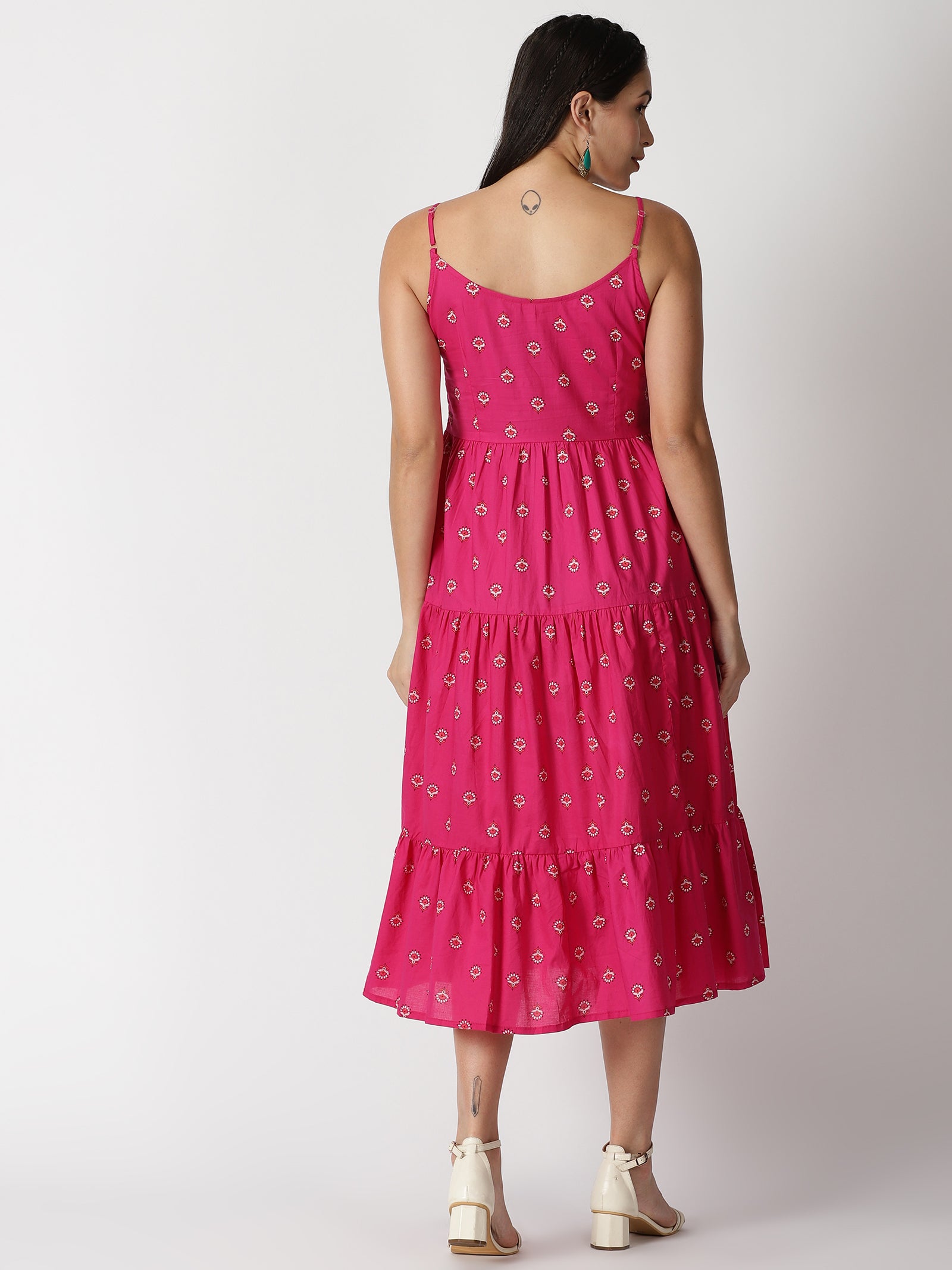 Pink Ethnic Motifs Printed Tiered Strappy Midi Dress