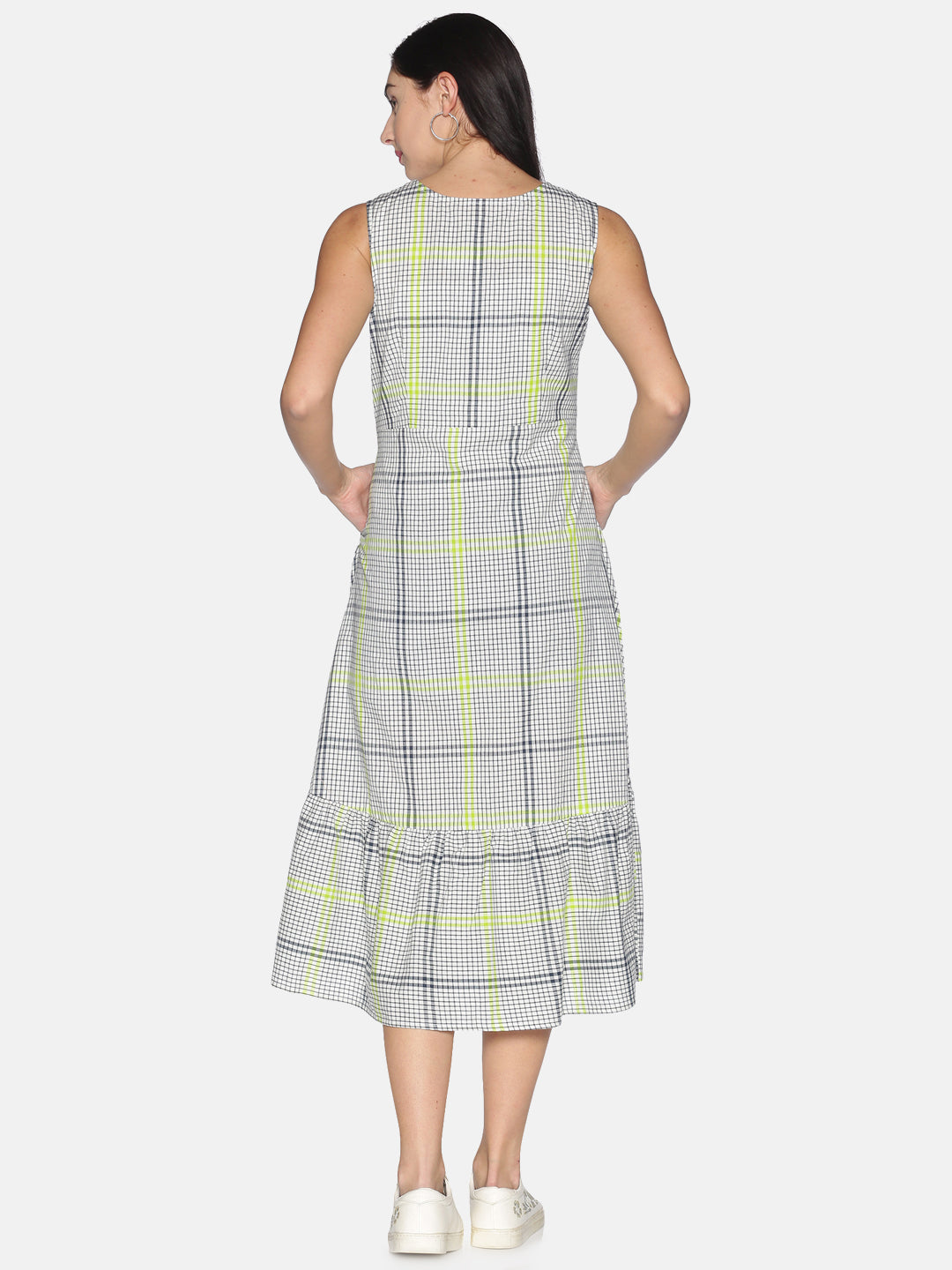 White cotton Check Tiered dress