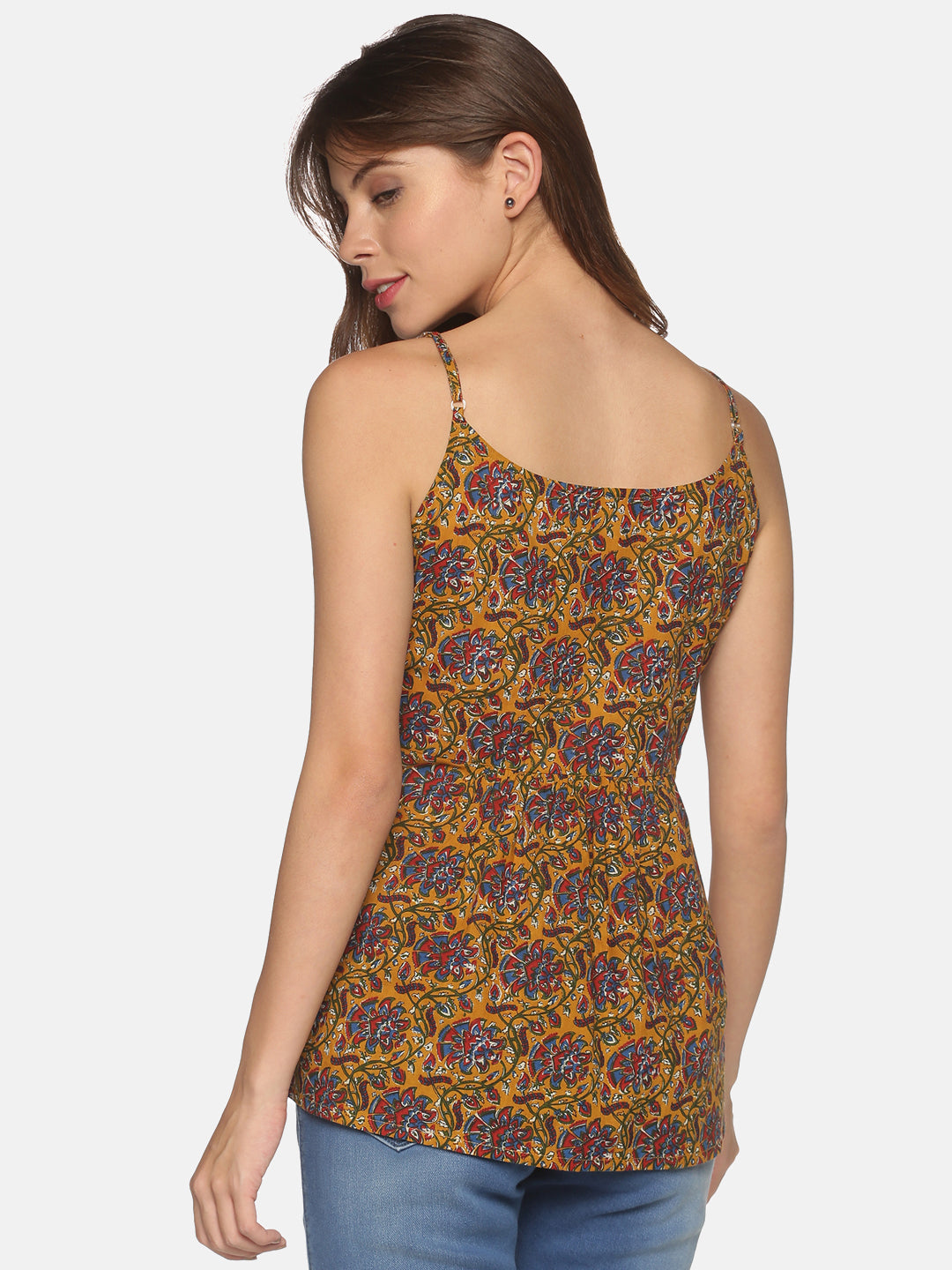 Mustard Floral Printed Peplum Top with Adjustable Shoulder Straps