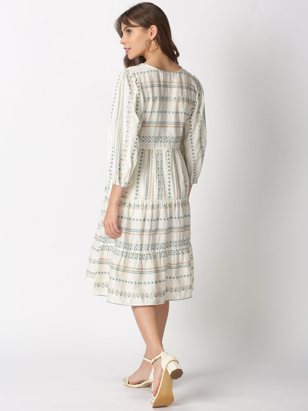 Off White-Blue Cotton Flax Bohemian Embroidered Tiered Dress with Neck Tie-up