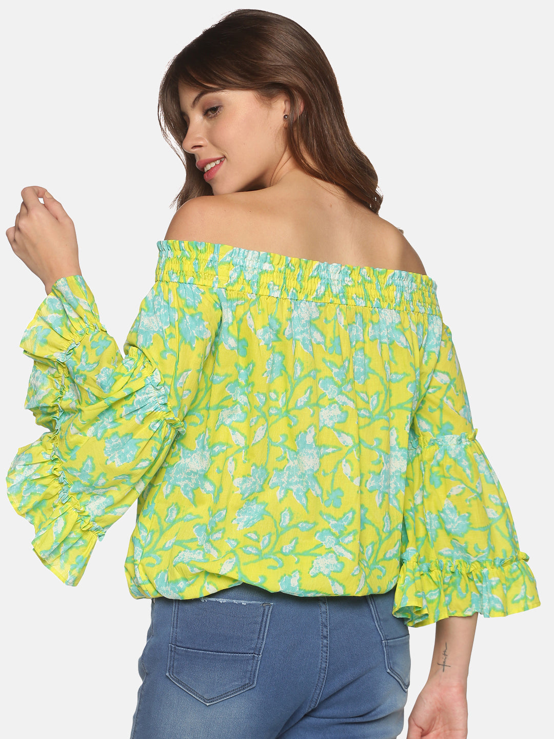 Lime Ethnic Floral Printed Off Shoulder Top with Bell Sleeves