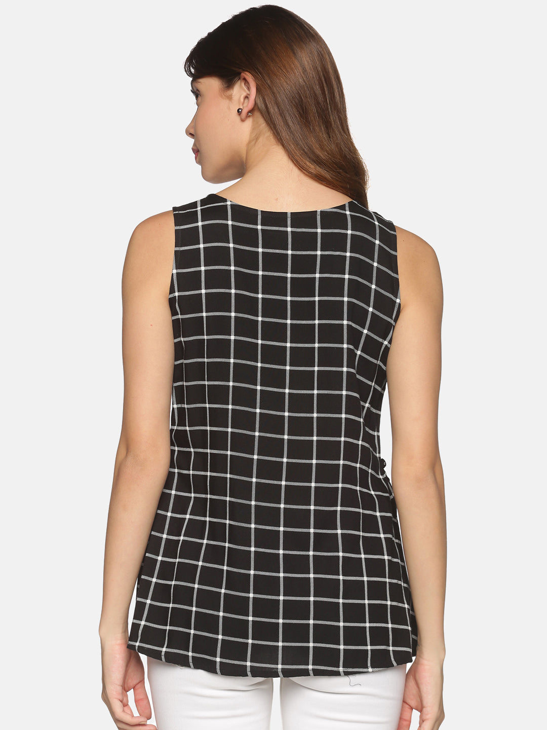 Black Checks Panelled Top with Gathers & Lace Insert on Front Yoke