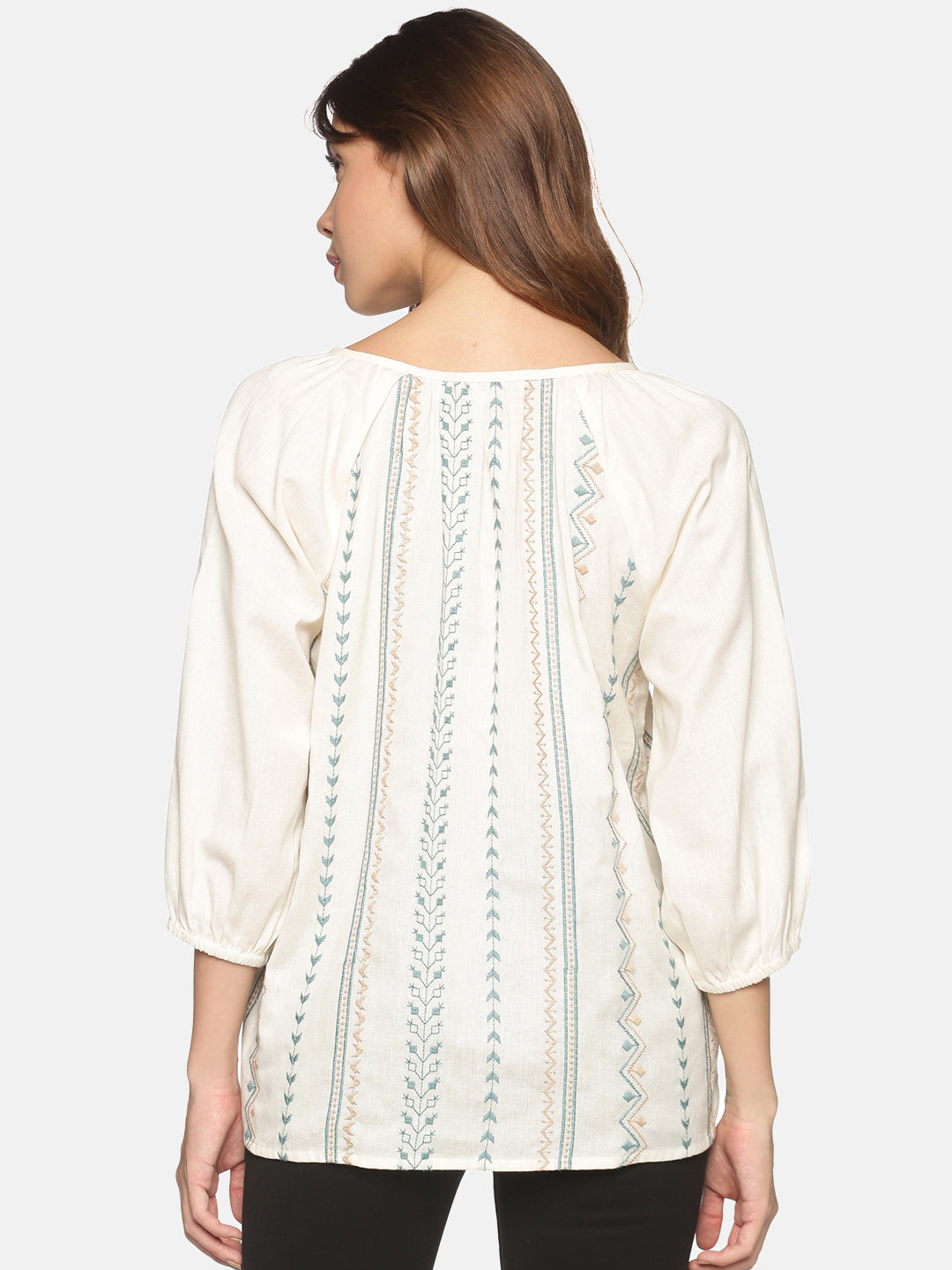 Off White-Blue Cotton Flax Bohemian Tie-up Neck Top with Puff Sleeves