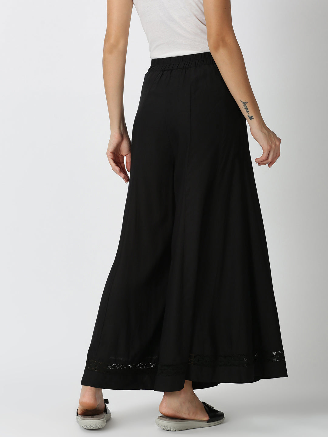Black Rayon Flared Palazzo with Lace Inserts on Hem