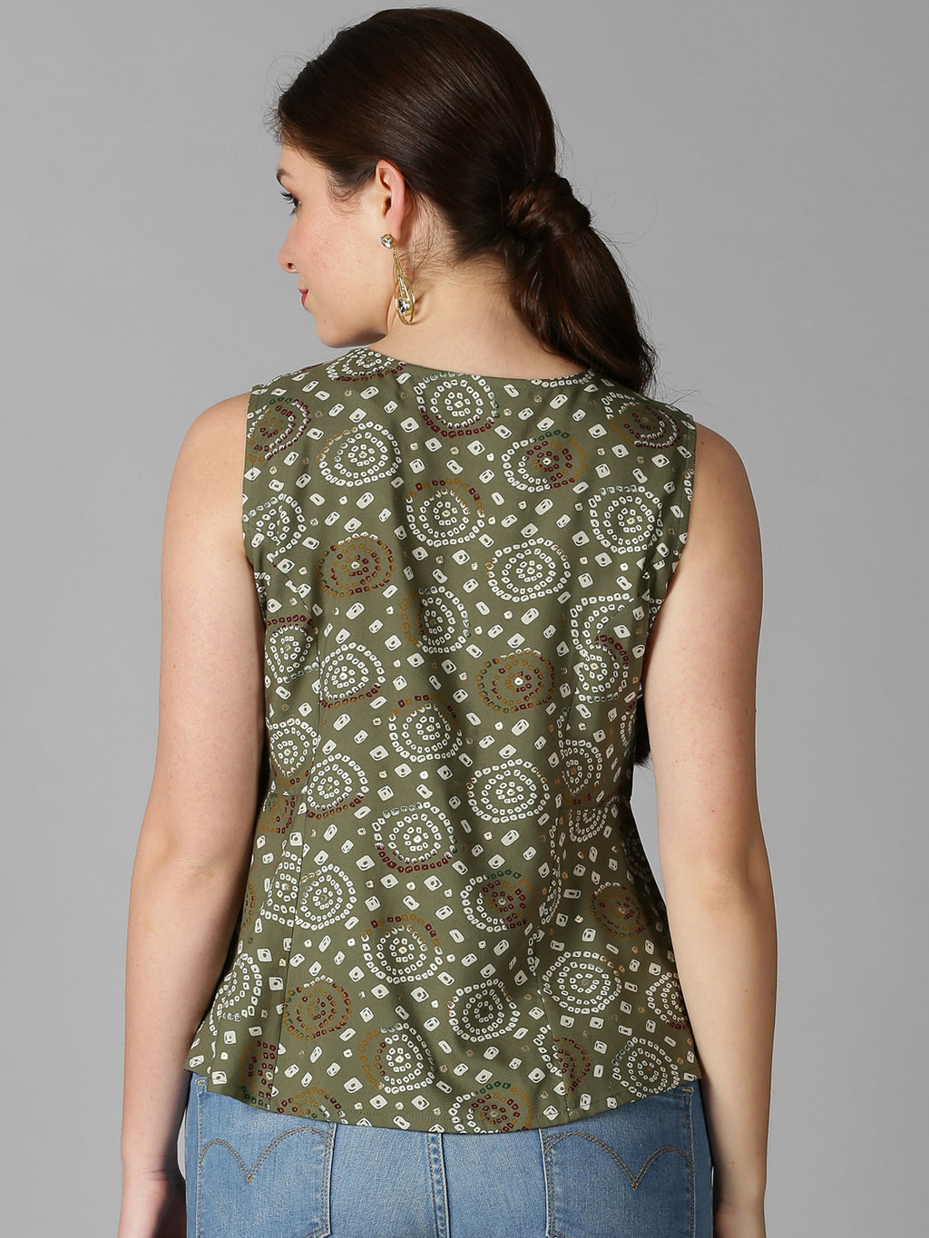 Green Rayon Bandhani Printed A-line Panelled Top
