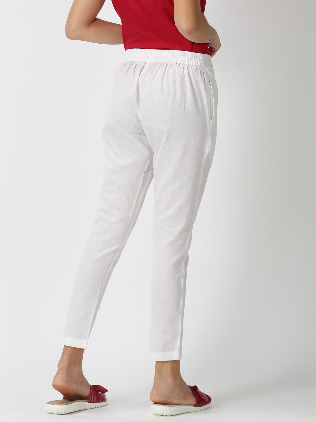 White Cotton Flax Straight Pant with Side Pocket