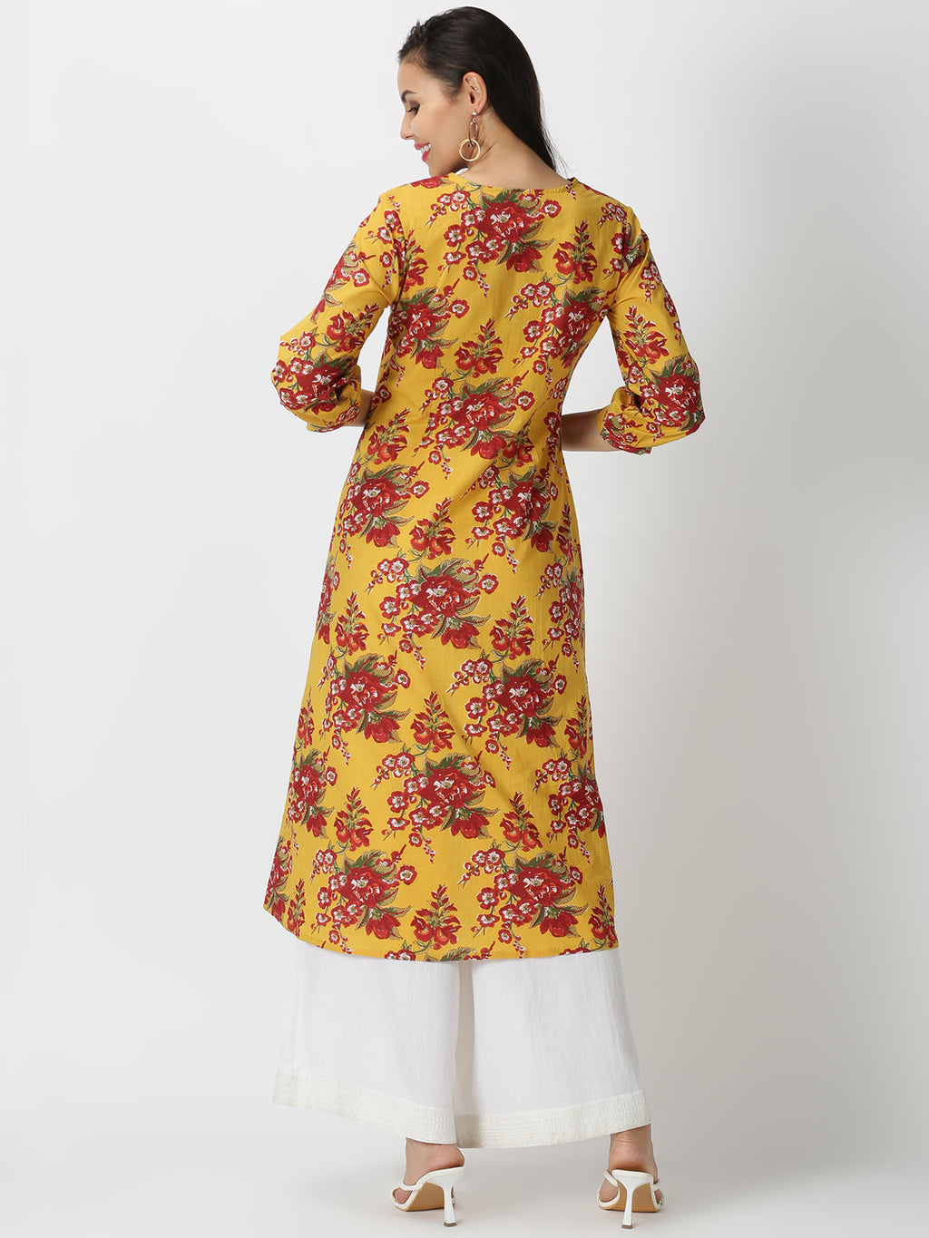 Yellow Floral Printed A-line Kurta with Chikankari Embroidered Yoke