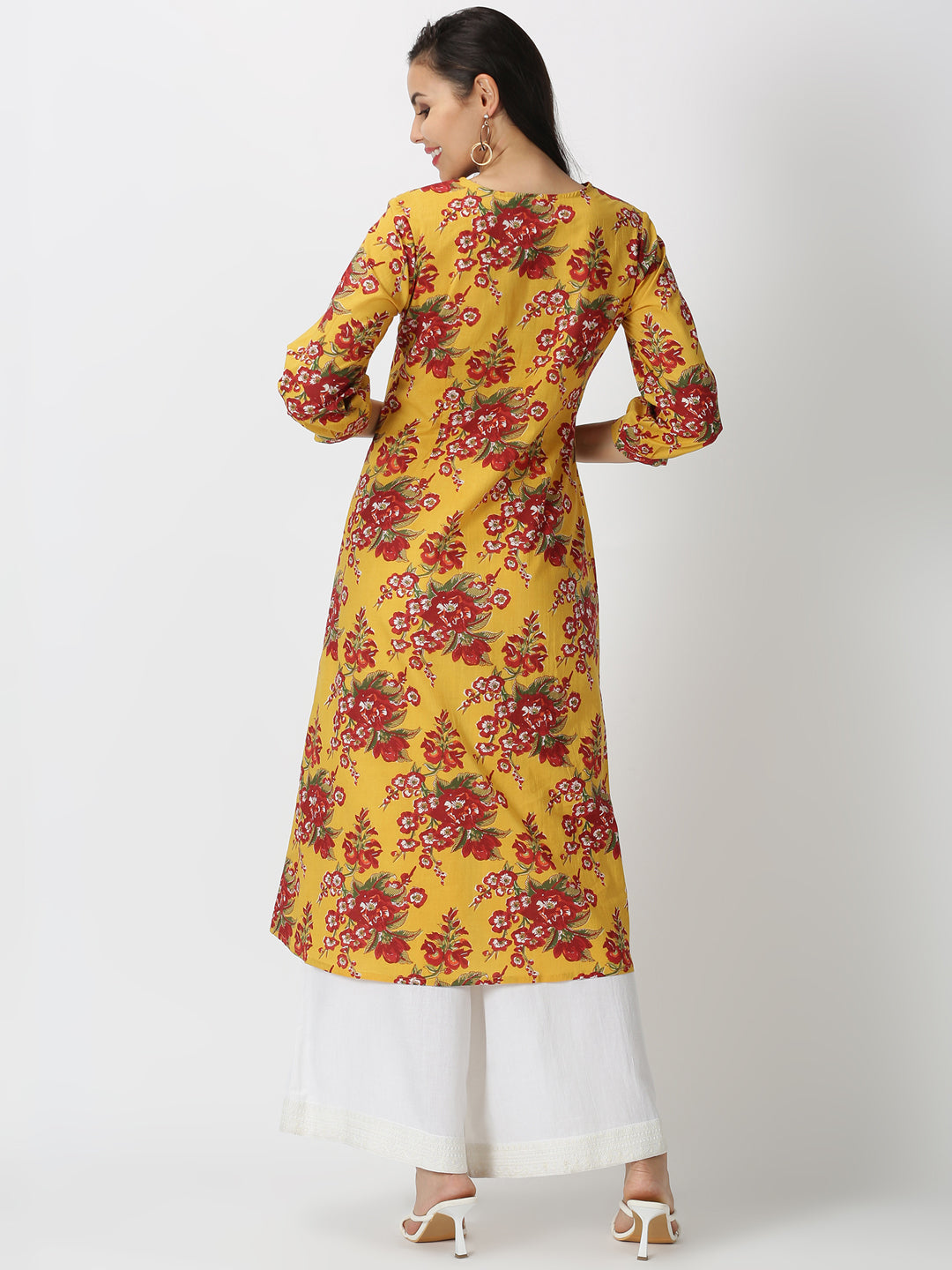 Yellow Floral Printed A-line Kurta with Chikankari Embroidered Yoke