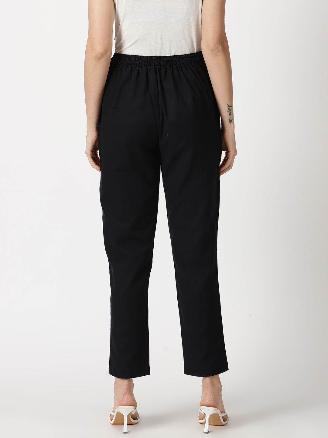 Black Cotton Flax Straight Fit Slip-on Trouser