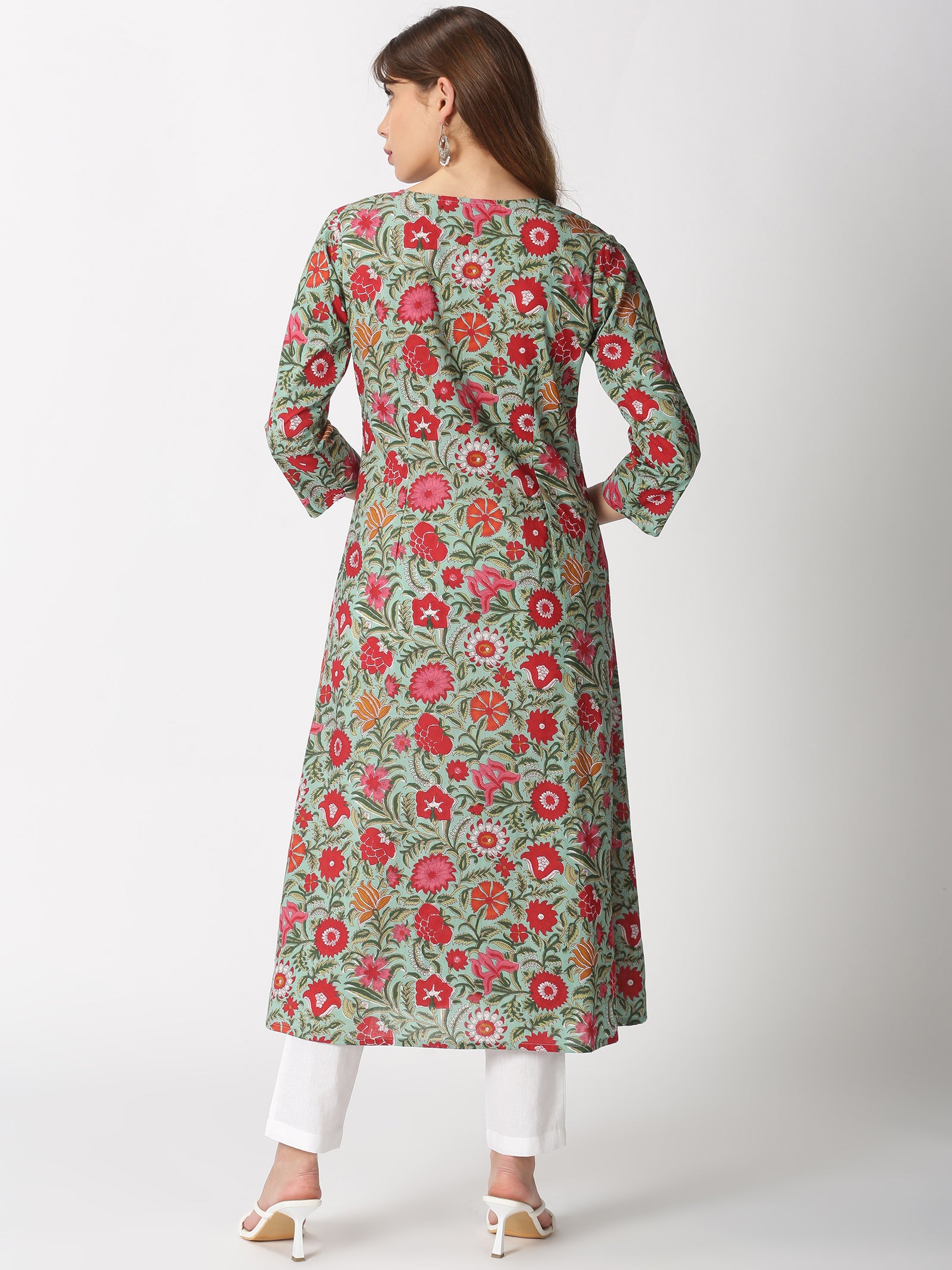 Turquoise Blue Cotton Floral Printed A-line Kurta with Lucknowi Chikankari Embroidered Neck