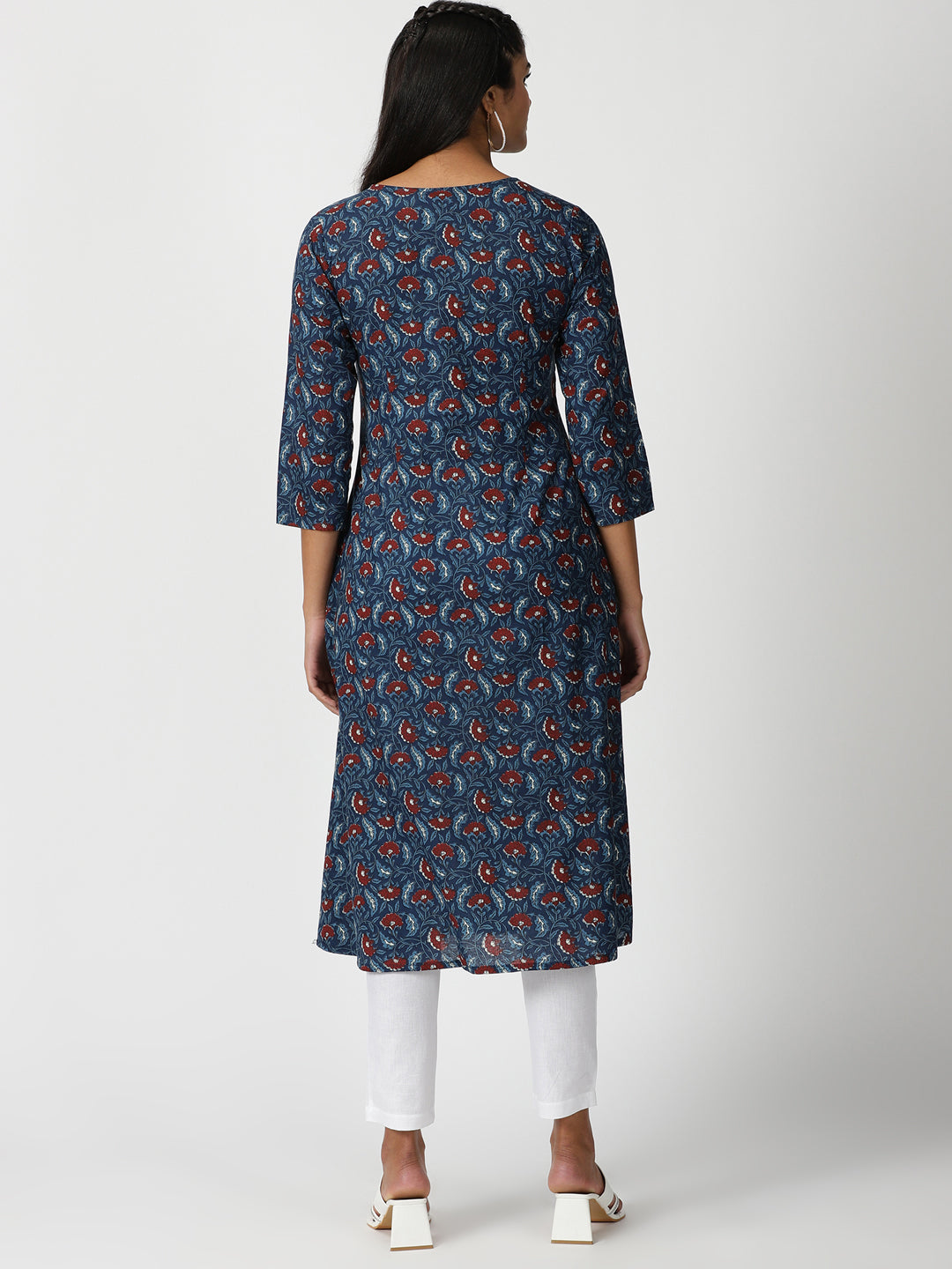 Blue Floral Printed Cotton Kurta with Lucknowi Chikankari Embroidery