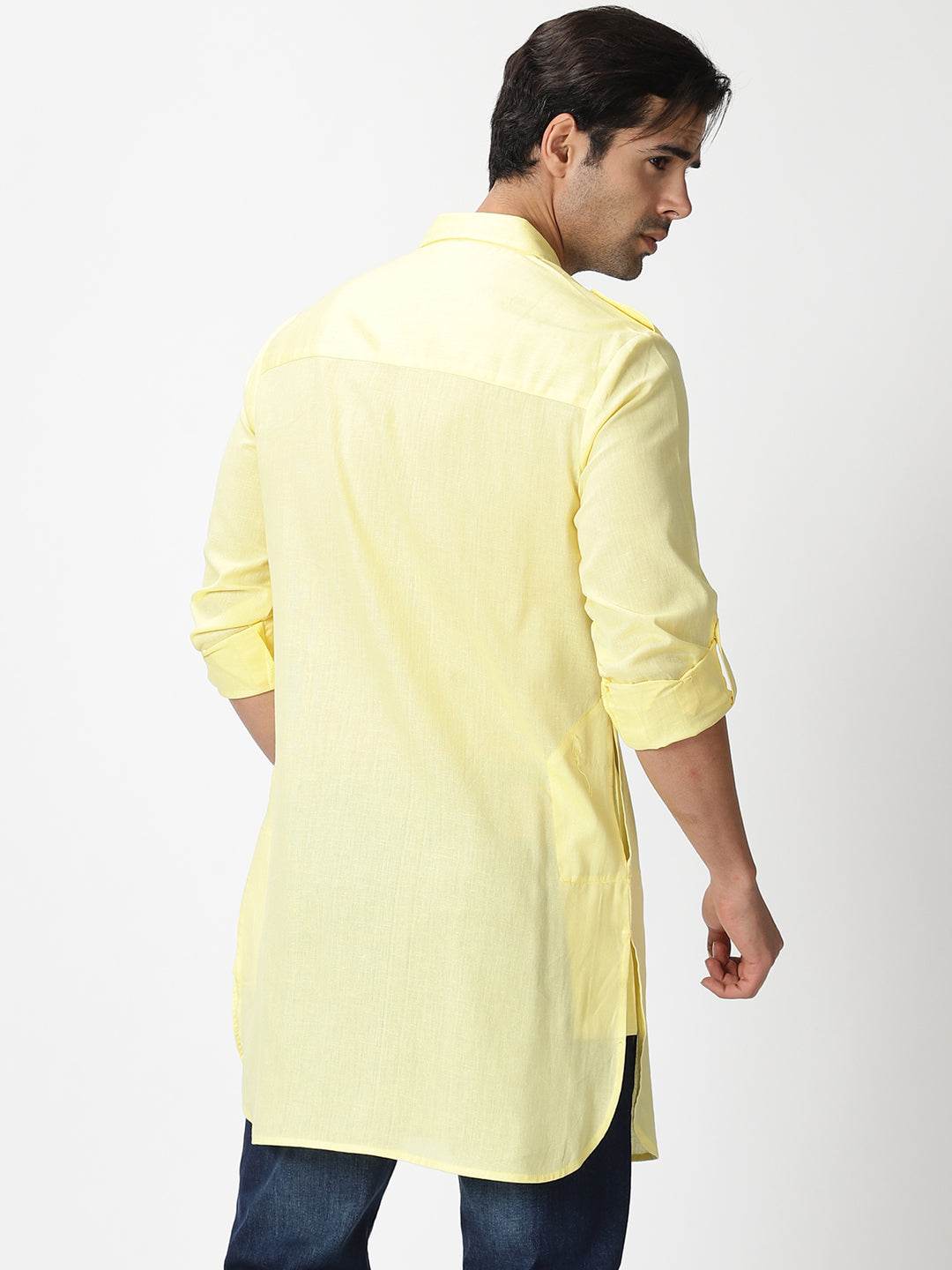 Lemon Yellow Short Pathani Kurta with Flap & Insert Pockets