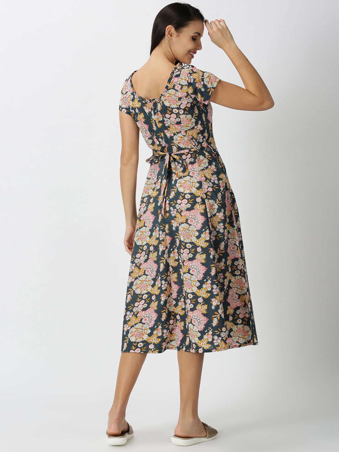 Charcoal Grey Floral Printed Midi Dress with Waist Tie-up