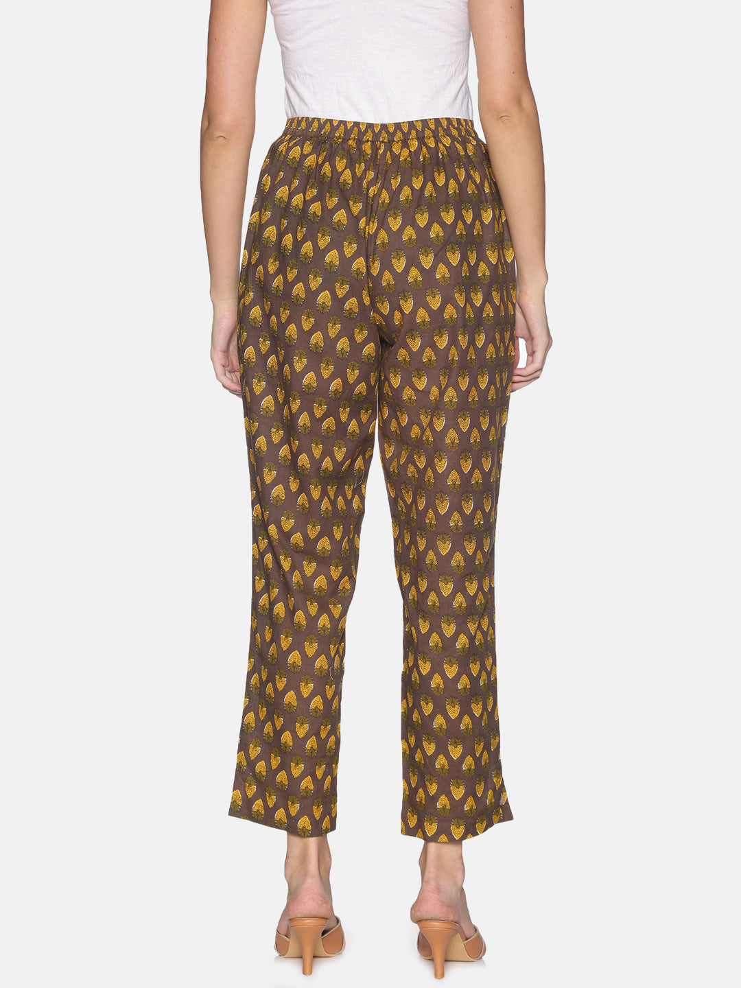 Brown Jaipur Printed Cotton Relaxed Fit Trouser With Side Slit On Hem