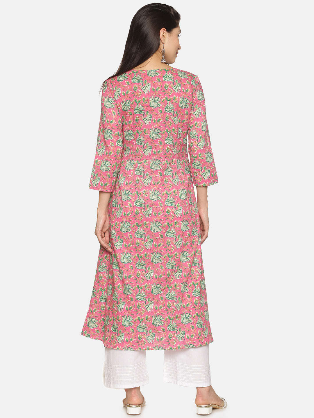 Pink Cotton Floral Printed A-line Kurta with Lucknowi Chikankari Embroidered Neck