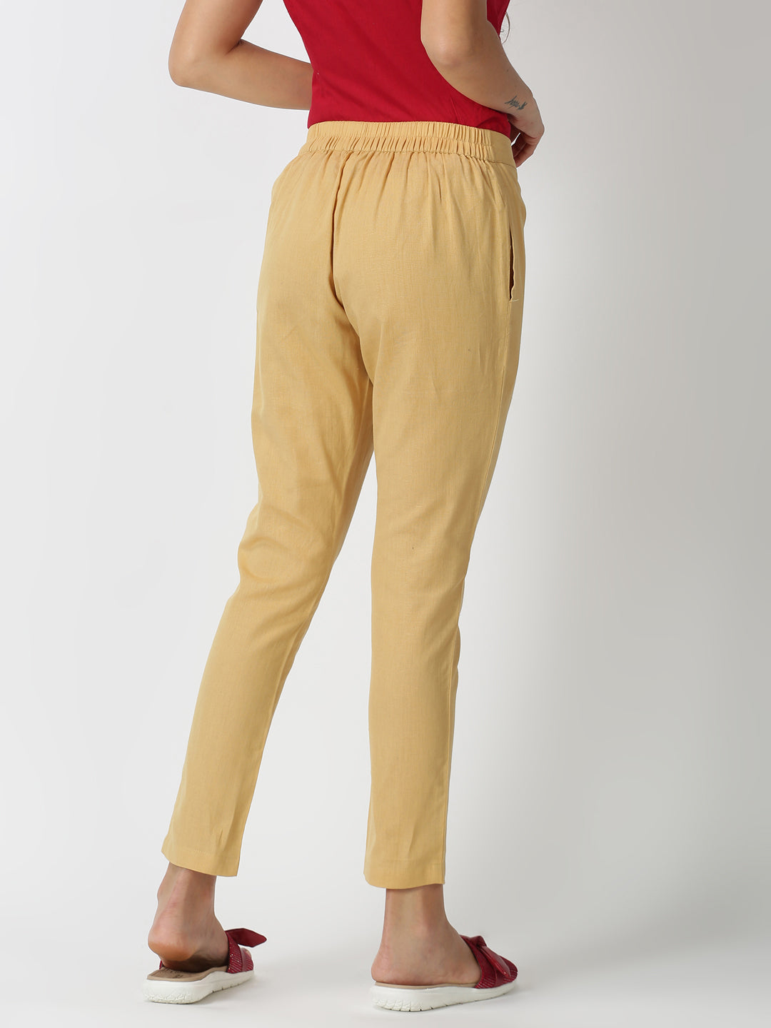 Beige Cotton Flax Straight Pant with Side Pocket