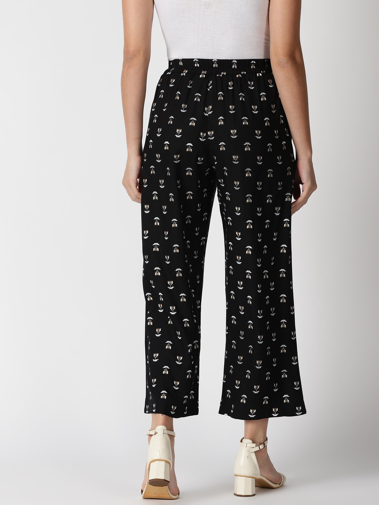 Black Rayon Abstract Printed Wide Leg Palazzos