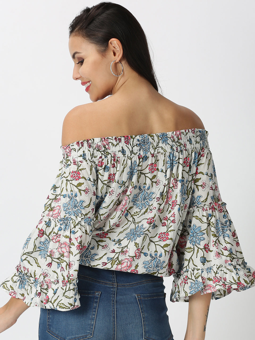 White Cotton Boho Printed Off Shoulder Top with Bell Sleeves