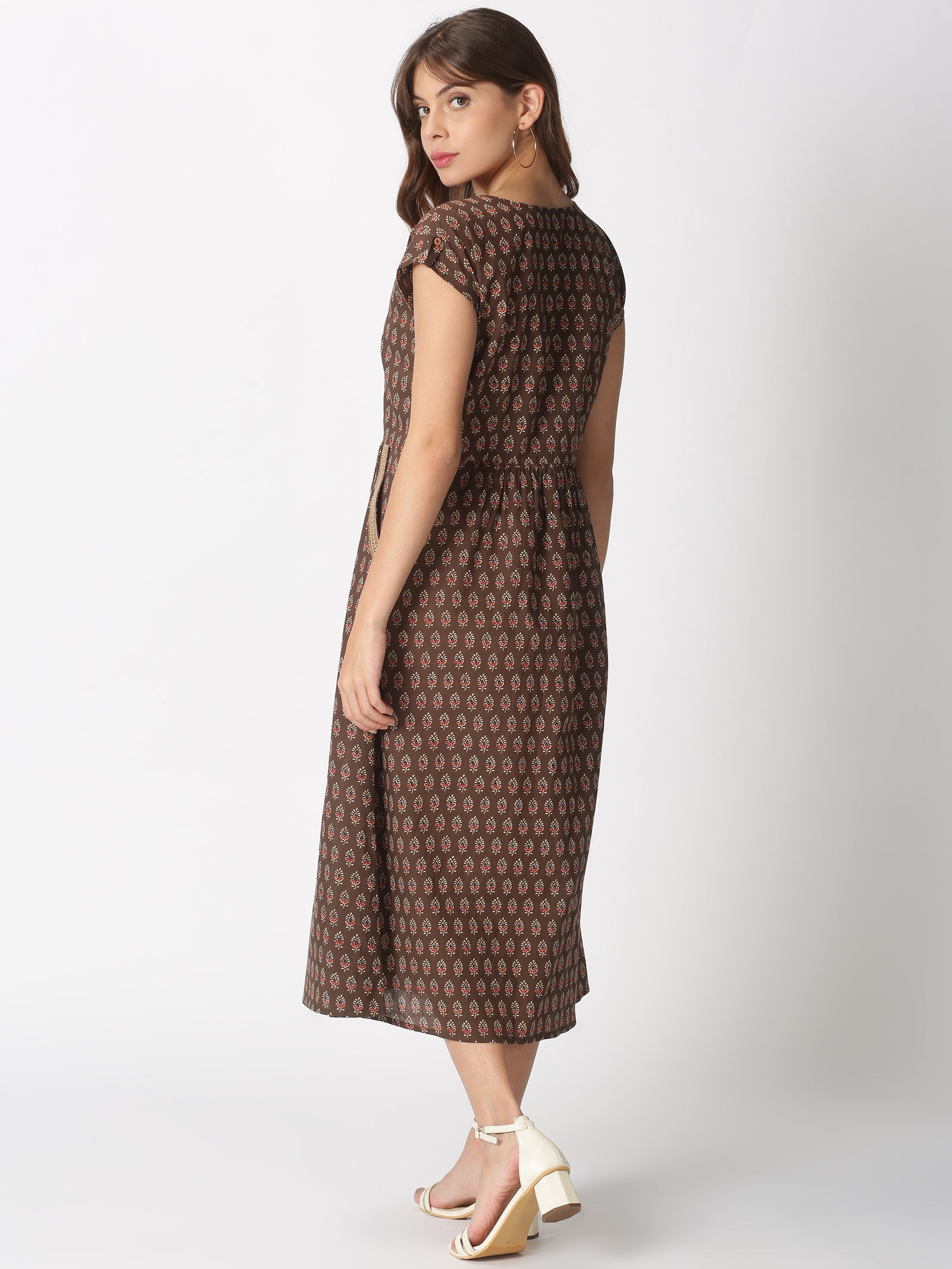 Brown Ethnic Motifs Printed Midi Dress with Embroidered Pockets