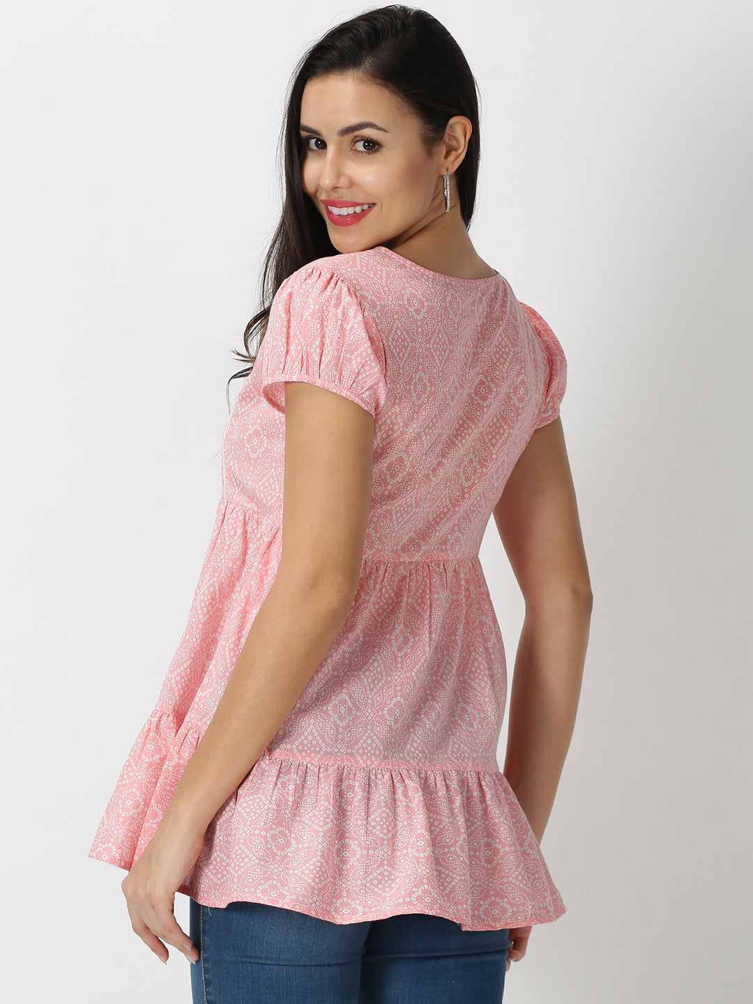 Pink Bandhani Printed Tiered Top with Lace Inserts