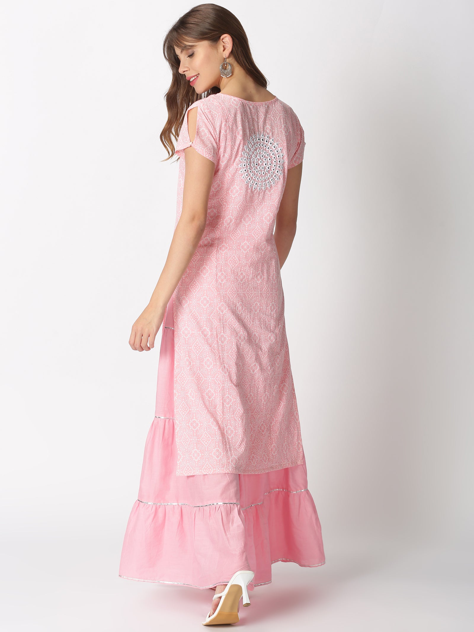 Pink Cotton Bandhani Printed Layered Maxi Kurta Dress