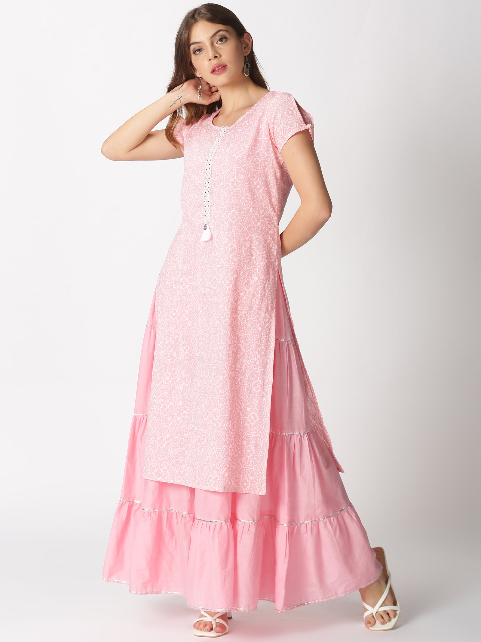 Pink Cotton Bandhani Printed Layered Maxi Kurta Dress