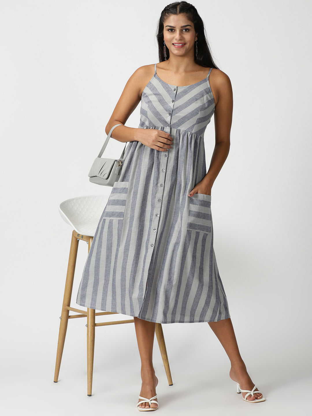 Grey Striped Cotton Button-Down Strappy Midi Dress