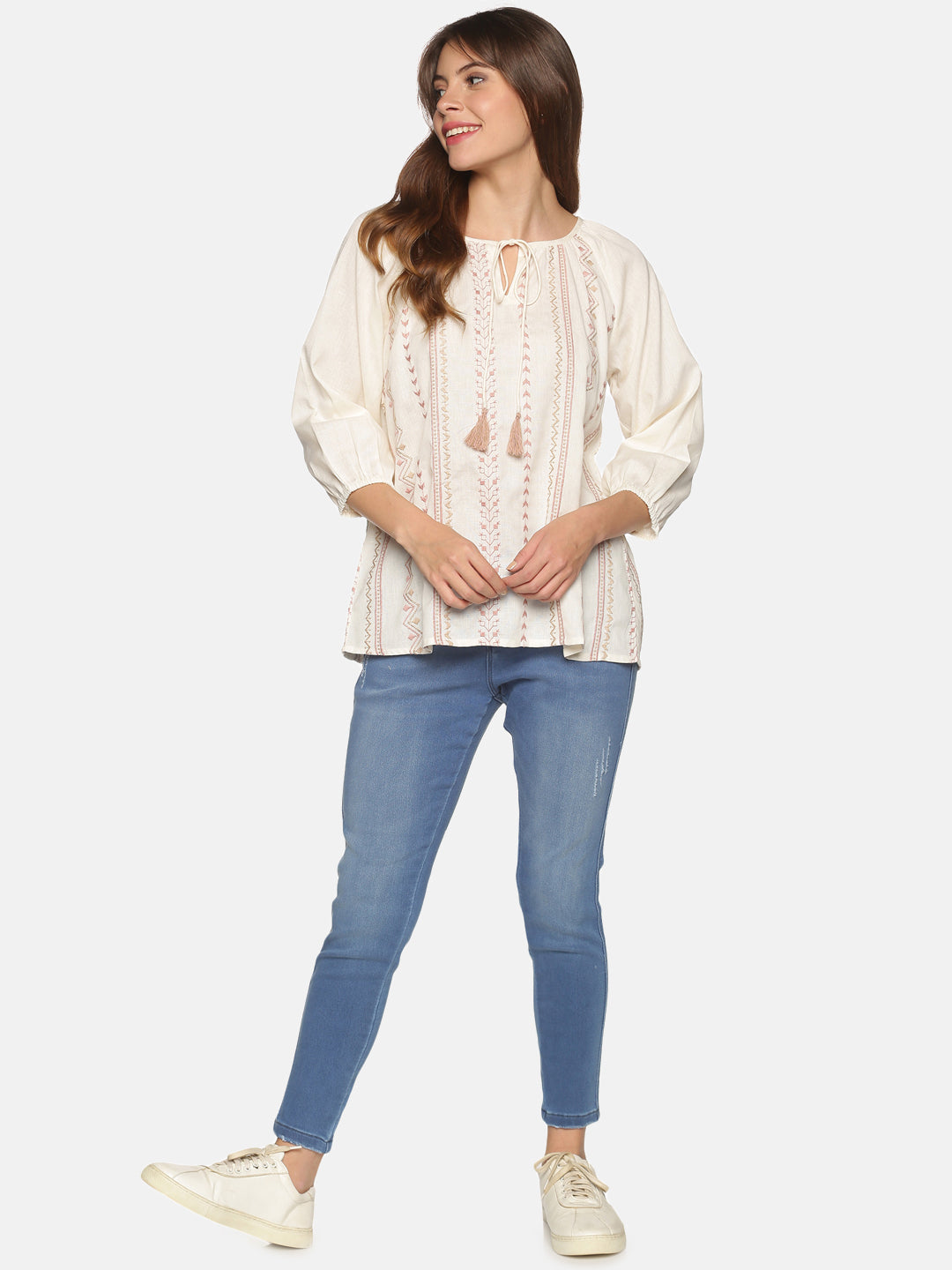 Off White-Peach Cotton Flax Bohemian Tie-up Neck Top with Puff Sleeves