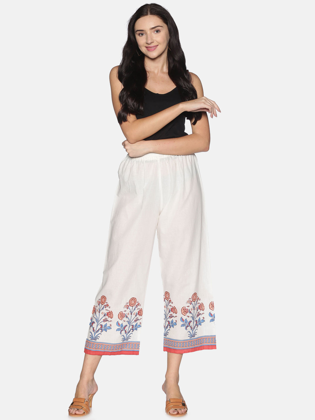 Off White Jaipur Print On Hem Wide Leg Palazzo