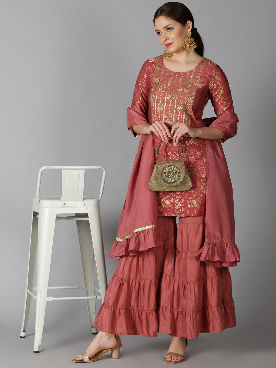 Coral Banarasi Jacquard Kurta with Sharara & Dupatta