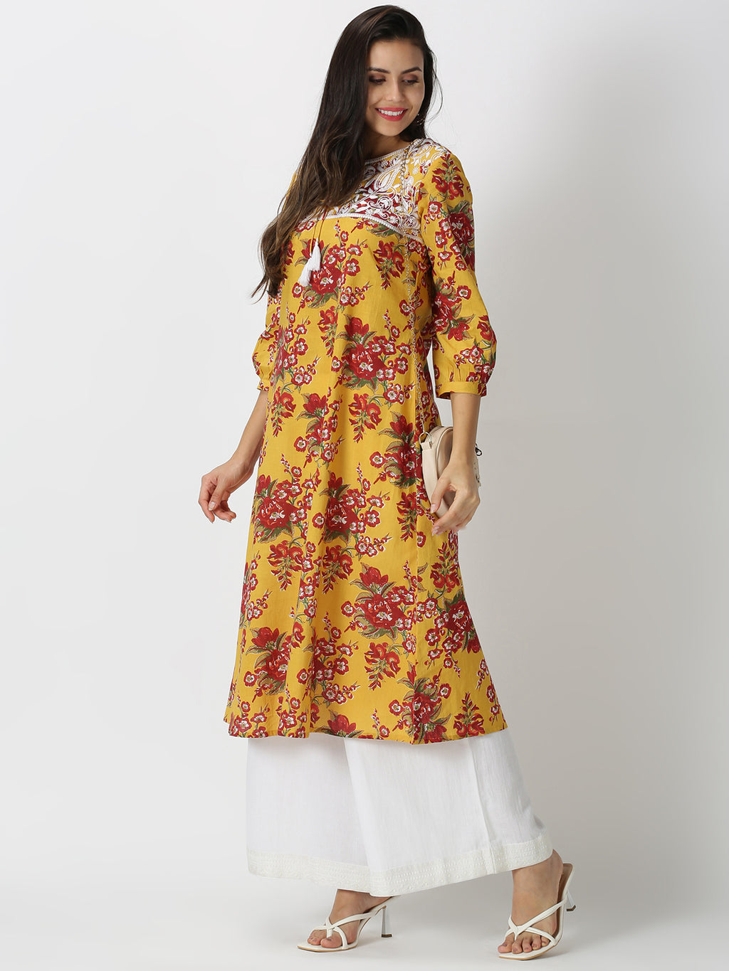 Yellow Floral Printed A-line Kurta with Chikankari Embroidered Yoke