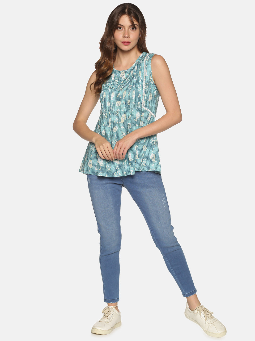 Blue Floral Printed Top with Pleats & Lace Inserts on Front Yoke