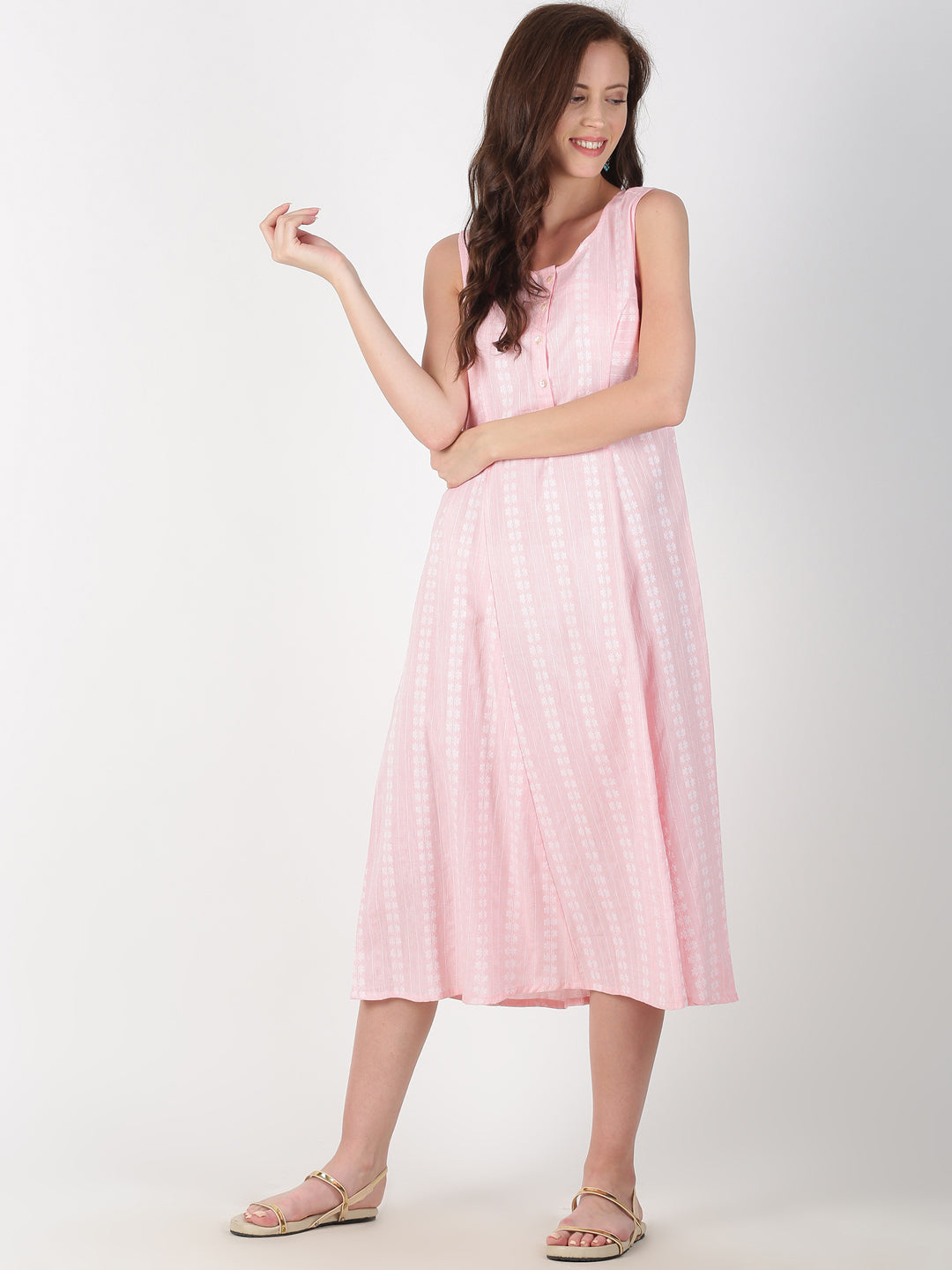 Light Pink Cotton Woven Design A-Line Dress