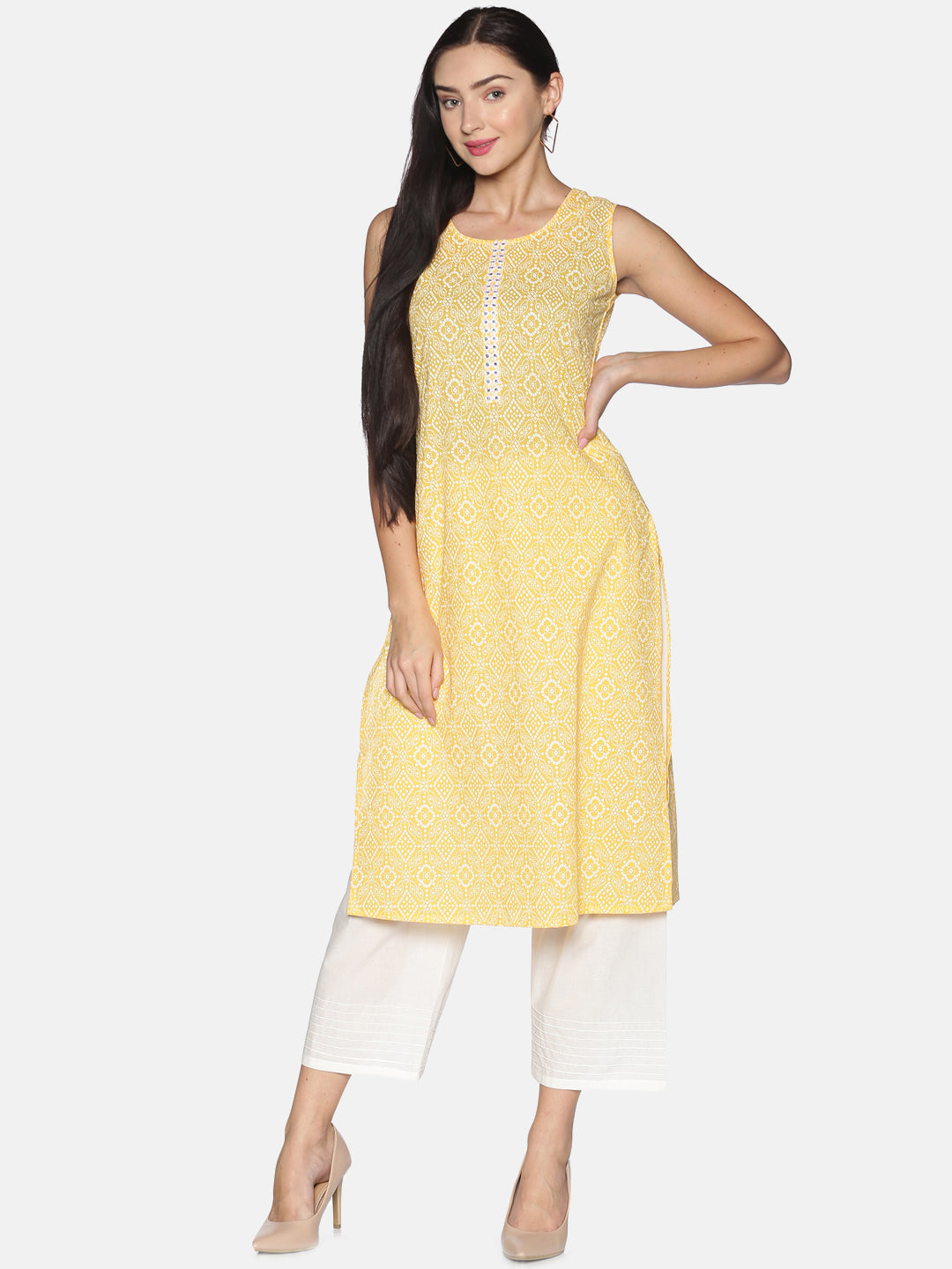 Yellow Cotton Printed Kurta With Embroidery Placket