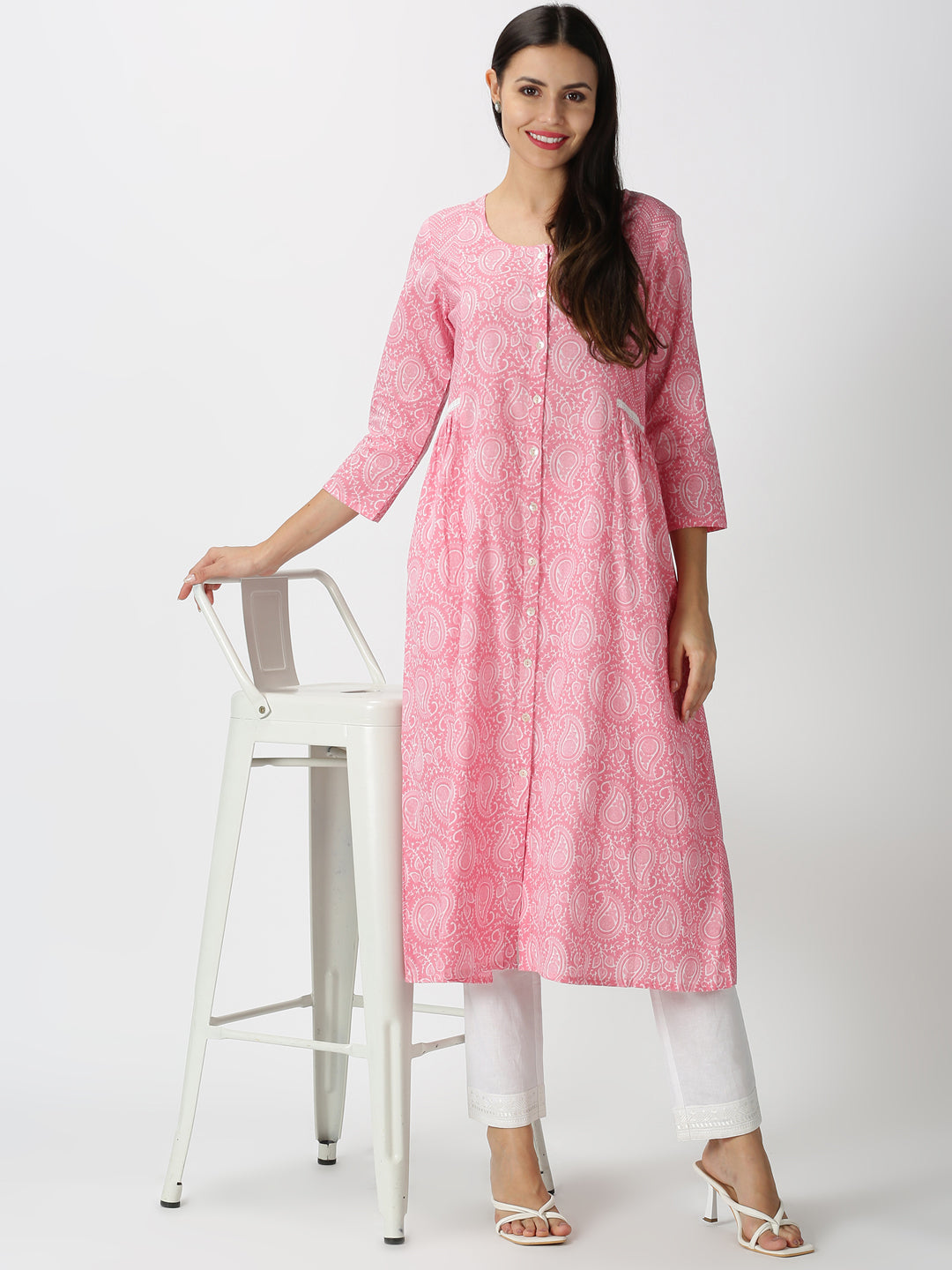 Pink Paisley Printed Panelled Button-Down Kurta with Lace Inserts