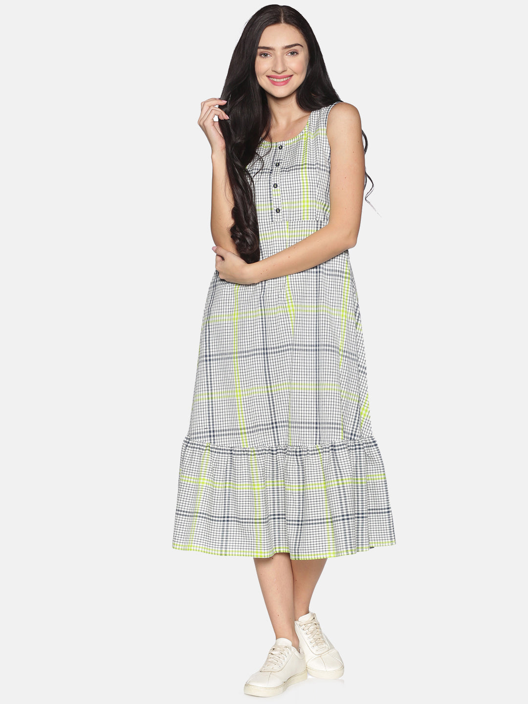 White cotton Check Tiered dress