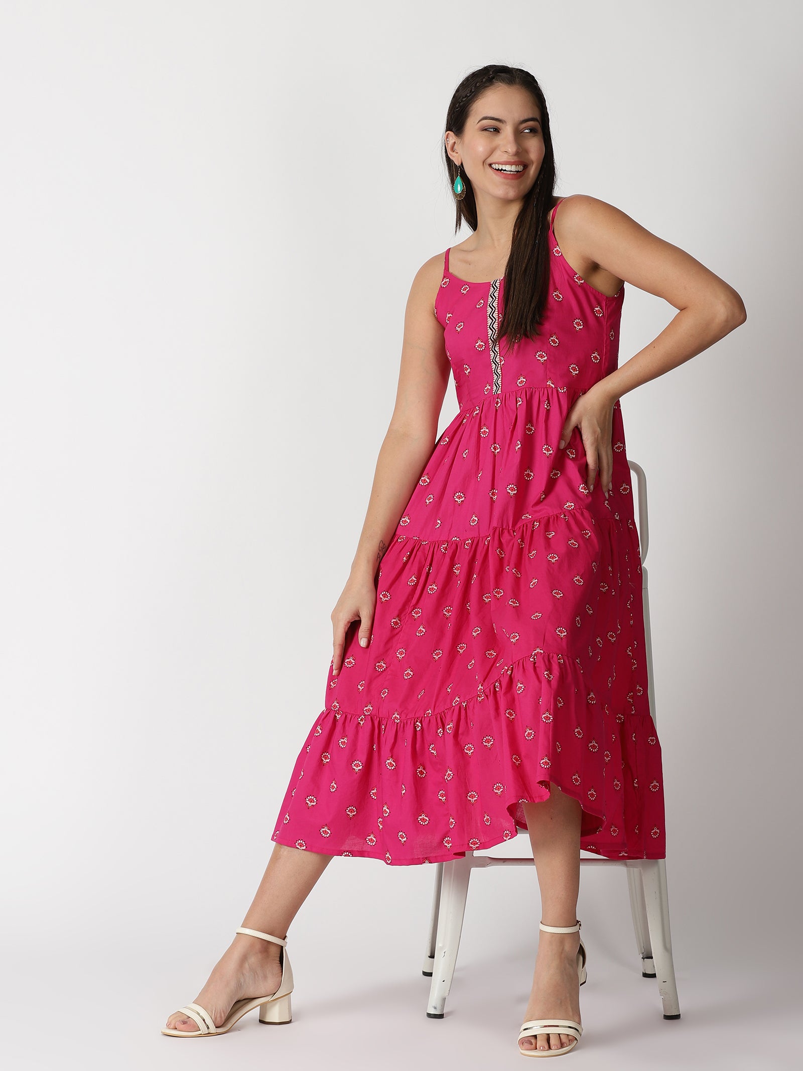 Pink Ethnic Motifs Printed Tiered Strappy Midi Dress