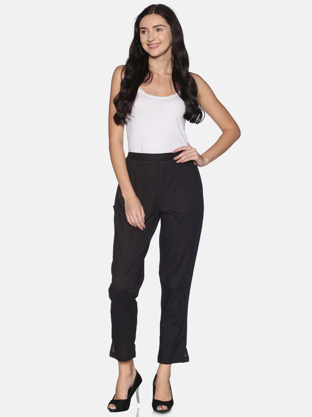 Black Cotton Relaxed Fit Trouser With Side Slit On Hem