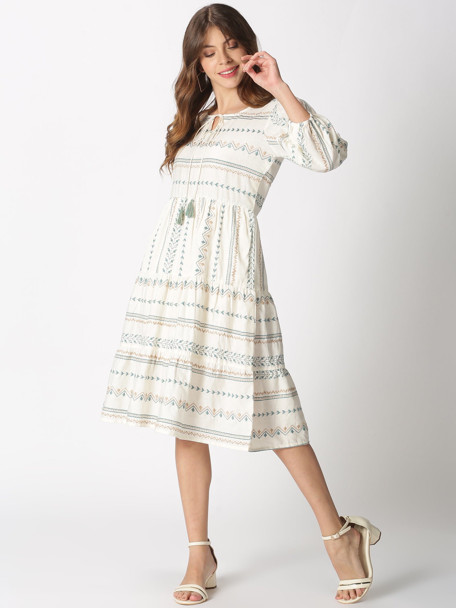 Off White-Blue Cotton Flax Bohemian Embroidered Tiered Dress with Neck Tie-up