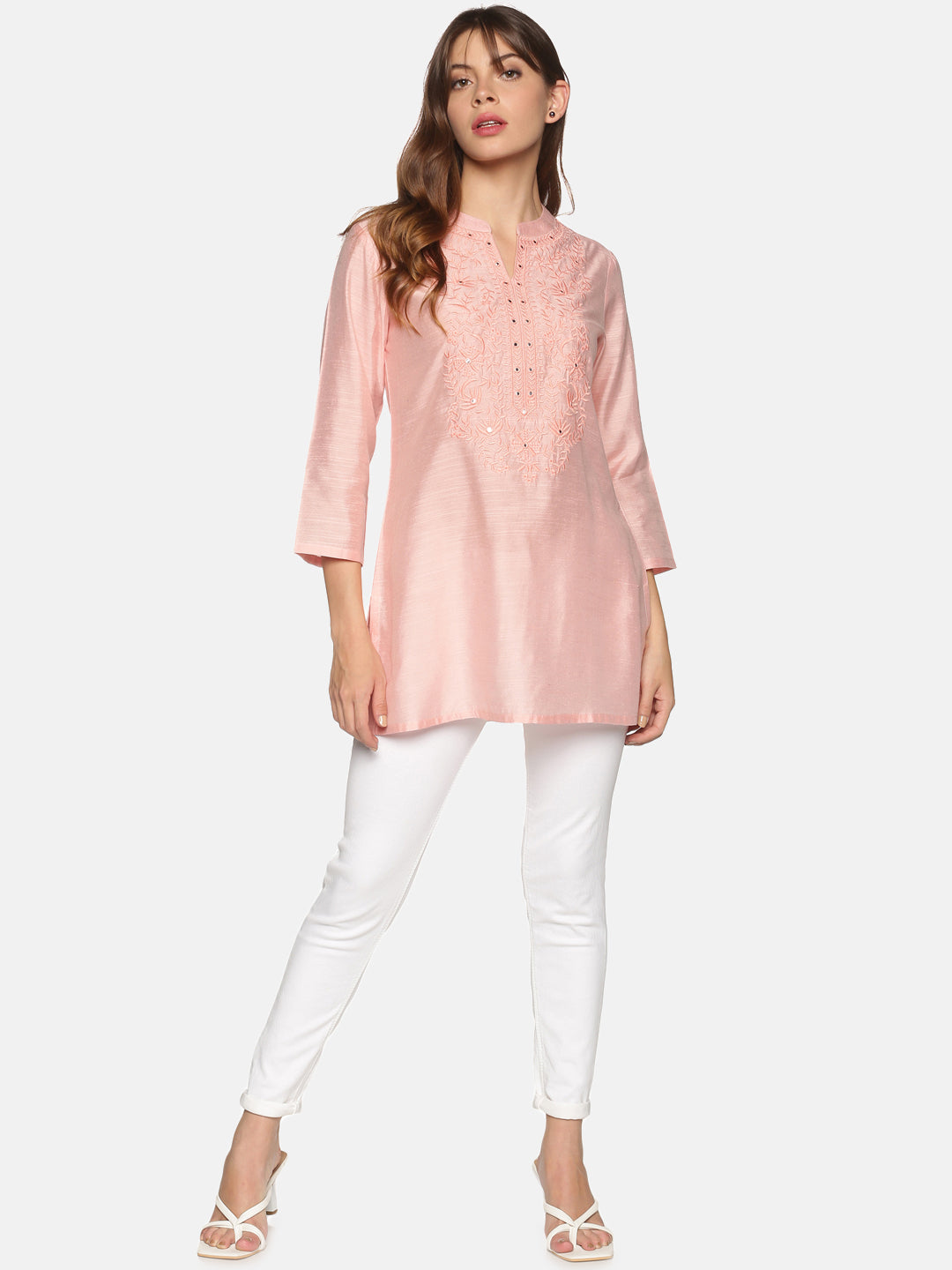 Pink Art Raw Silk Tunic with Floral Embroidered Neck & Mirror Accents