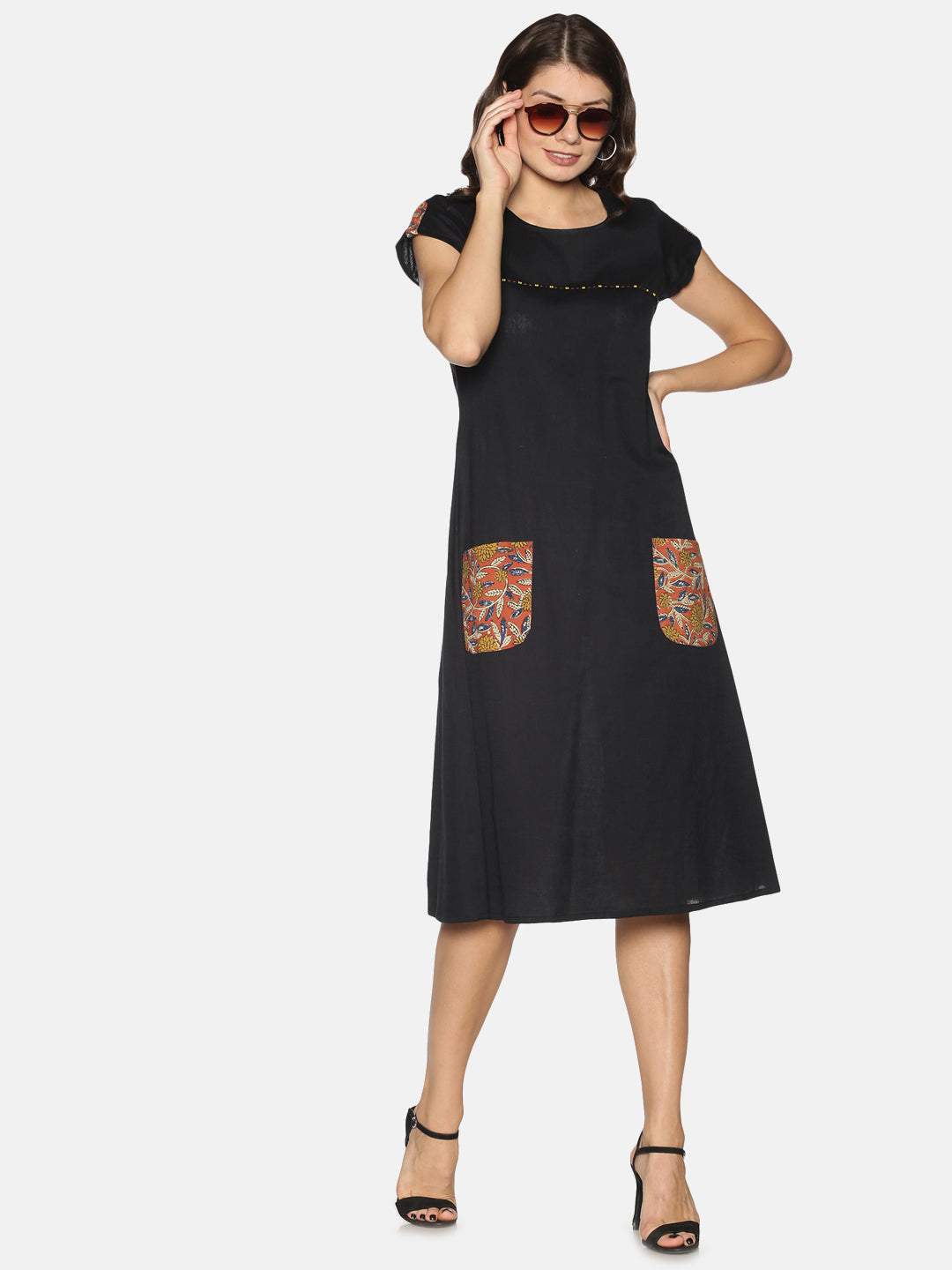 Black Cotton Kalamkari Front Pocket A-line Dress